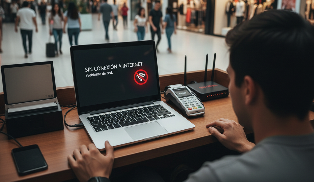 Persona estresada mirando una laptop con error 'Sin conexión a Internet'